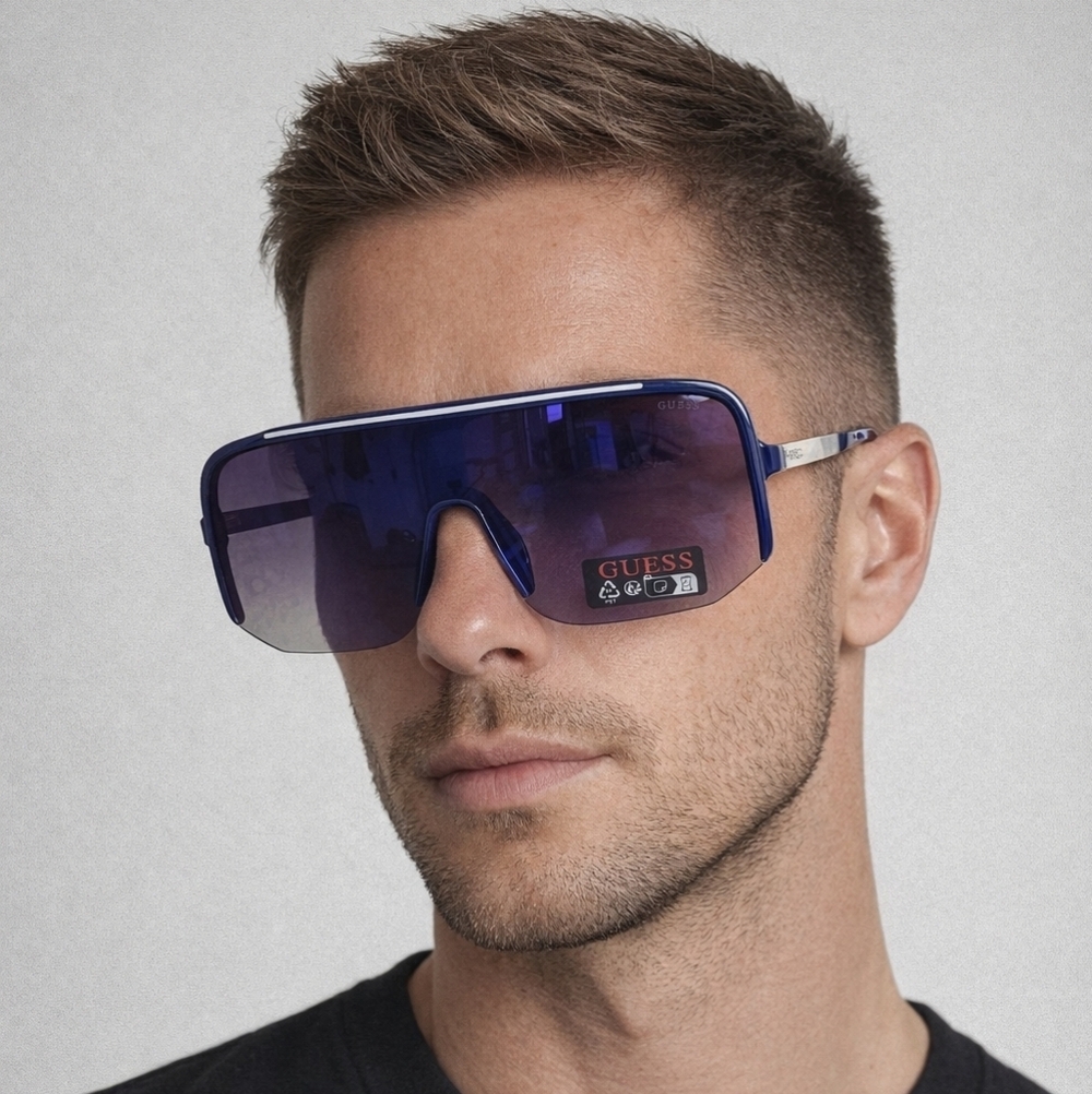 GUESS Men's Unisex Blue Oversized Shield Sunglasses